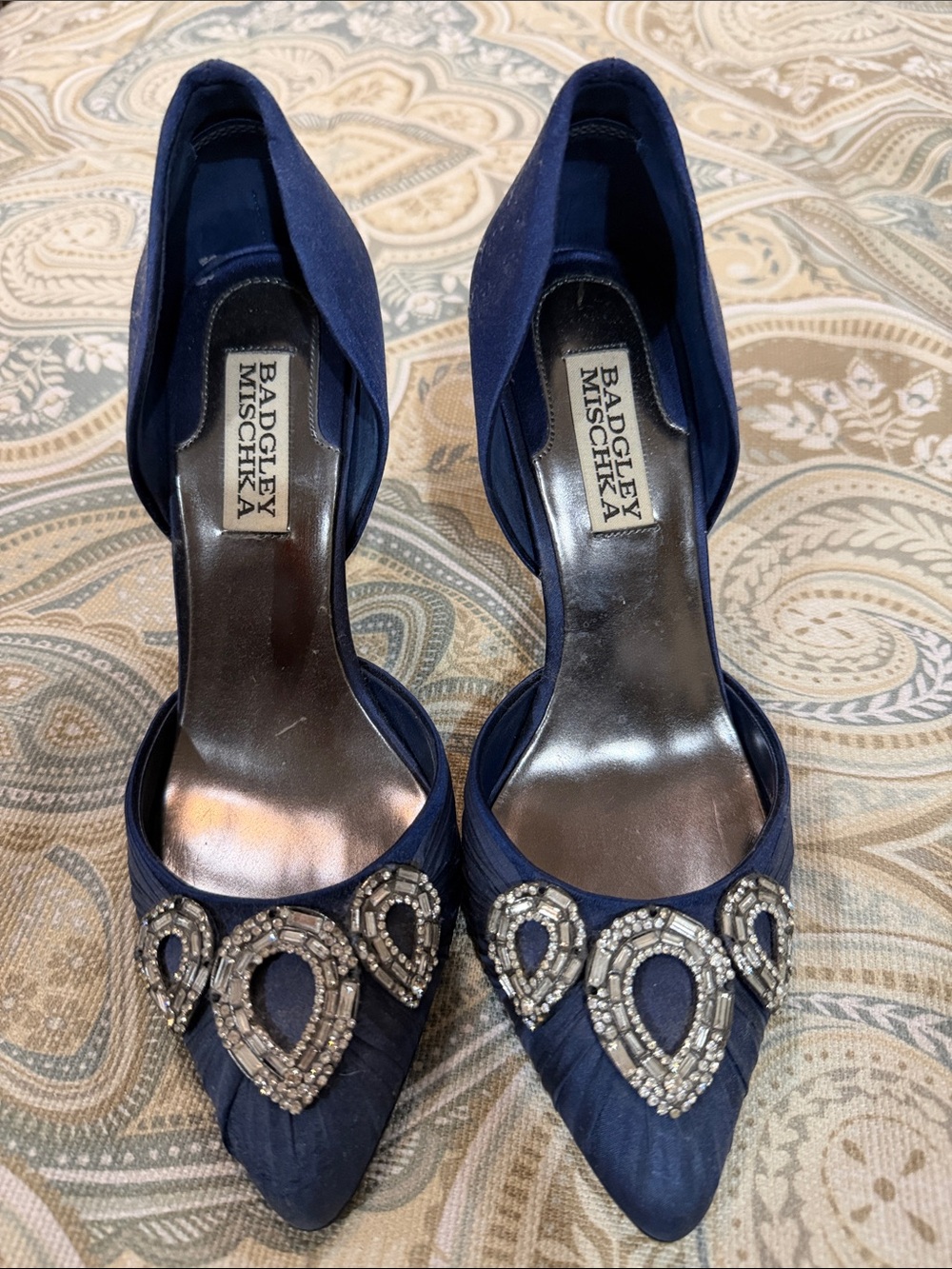 Badgley Mischka Navy Satin Pointed-Toe Heels with Crystal Embellishment